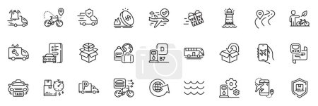 Icons pack as Transport insurance, Bus tour and Flight mode line icons for app include Flight destination, Metro map, Car registration outline thin icon web set. Packing boxes. Vector