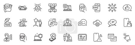 Illustration for Icons pack as Feedback, Online rating and Phone warning line icons for app include Rent car, Software bug, Car outline thin icon web set. Gps, Star, Text message pictogram. Third party. Vector - Royalty Free Image