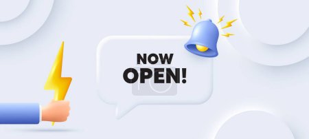Illustration for Now open tag. Neumorphic background with chat speech bubble. Promotion new business sign. Welcome advertising symbol. Now open speech message. Banner with energy. Vector - Royalty Free Image