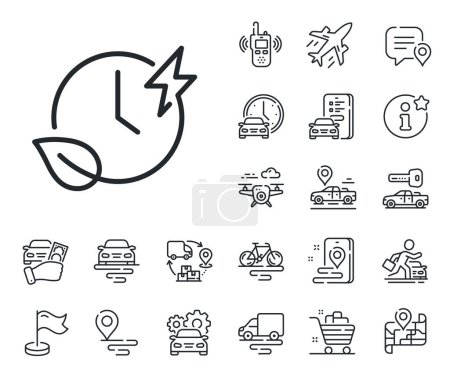 Illustration for Charge accumulator sign. Plane, supply chain and place location outline icons. Charging time line icon. Eco electric power symbol. Charging time line sign. Taxi transport, rent a bike icon. Vector - Royalty Free Image