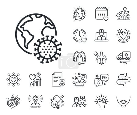 Illustration for Covid virus sign. Online doctor, patient and medicine outline icons. Coronavirus pandemic line icon. Global infection symbol. Coronavirus pandemic line sign. Vector - Royalty Free Image