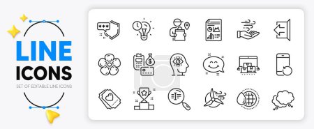 Illustration for Delivery man, Love ticket and Shield line icons set for app include Meditation eye, Windmill turbine, Speech bubble outline thin icon. Online storage, Time management. Vector - Royalty Free Image