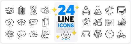 Illustration for Icons set of Piggy bank, Approved and Time line icons pack for app with Chemistry lab, Smartphone, Cyber attack thin outline icon. E-bike, Smile, Car charging pictogram. Currency rate. Vector - Royalty Free Image