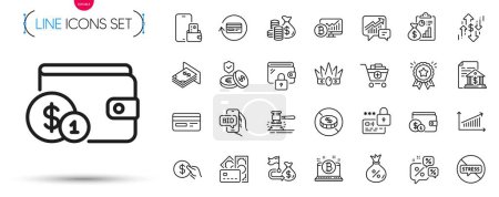Illustration for Pack of Report, Atm money and Phone wallet line icons. Include Wallet, Bid offer, Loyalty award pictogram icons. Savings insurance, Coins bag, Bank document signs. Loan. Report outline sign. Vector - Royalty Free Image