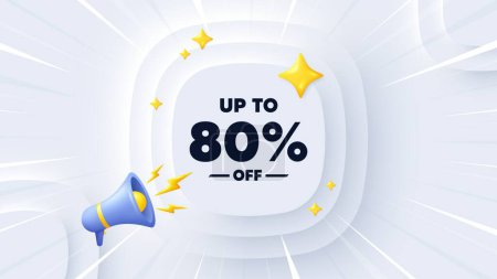 Illustration for Up to 80 percent off sale. Neumorphic banner with sunburst. Discount offer price sign. Special offer symbol. Save 80 percentages. Discount tag message. Banner with 3d megaphone. Vector - Royalty Free Image