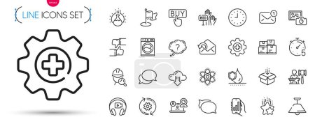 Illustration for Pack of Inspect, Messenger and Wholesale inventory line icons. Include Get box, Bid offer, Cogwheel pictogram icons. Question mark, Chemistry atom, Chemistry experiment signs. Buying. Vector - Royalty Free Image