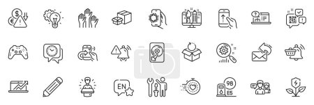 Illustration for Icons pack as Timer, Eco power and Share call line icons for app include Return package, Creative design, Pencil outline thin icon web set. Hdd, Gamepad, Voting hands pictogram. Vector - Royalty Free Image