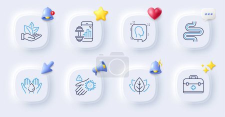 Illustration for Fitness app, Wash hand and First aid line icons. Buttons with 3d bell, chat speech, cursor. Pack of Head, Organic tested, Intestine icon. Wash hands, Organic product pictogram. Vector - Royalty Free Image