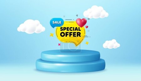 Illustration for Special offer banner. Winner podium 3d base. Product offer pedestal. Discount sticker with heart. Gift coupon icon. Special offer promotion message. Background with 3d clouds. Vector - Royalty Free Image