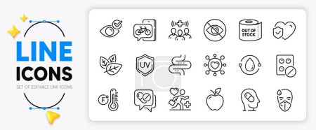 Illustration for Sick man, Medical staff and Life insurance line icons set for app include Medical tablet, Patient, Fahrenheit thermometer outline thin icon. Apple, Check eye, Dating pictogram icon. Vector - Royalty Free Image