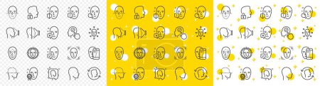 Illustration for Set of Facial biometrics detection, scanning and unlock system icons. Face recognition line icons. Facial scan, identification, Face id. Confirmed person, Biometrics access, Unlock smartphone. Vector - Royalty Free Image