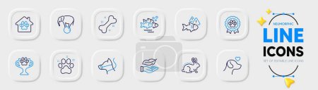 Illustration for Elephant on ball, Pet shelter and Lightweight line icons for web app. Pack of Pets care, Dog bone, Fish school pictogram icons. Fish, Animal tested, Winner cup signs. Pet friendly. Vector - Royalty Free Image