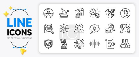 Illustration for Fake news, Waterproof and Pantothenic acid line icons set for app include Report document, Chemistry lab, Report outline thin icon. Microscope, Work, Chemical hazard pictogram icon. Vector - Royalty Free Image