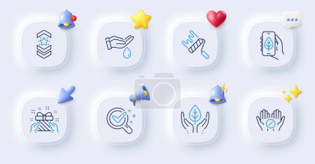 Illustration for Paint roller, Chemistry lab and Medical tablet line icons. Buttons with 3d bell, chat speech, cursor. Pack of Fair trade, Ecology app, Gift icon. Shoulder strap, Wash hands pictogram. Vector - Royalty Free Image