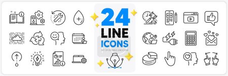 Illustration for Icons set of Move gesture, Cursor and Romantic talk line icons pack for app with Calculator, Oil serum, Recovery tool thin outline icon. Outsource work, Love mail, Accounting pictogram. Vector - Royalty Free Image