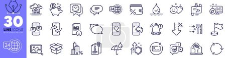 Illustration for Empower, Manual and 24h service line icons pack. Food delivery, Journey path, Bitcoin coin web icon. Waterproof umbrella, Cyber attack, Recycling pictogram. Mortgage, Improving safety. Vector - Royalty Free Image