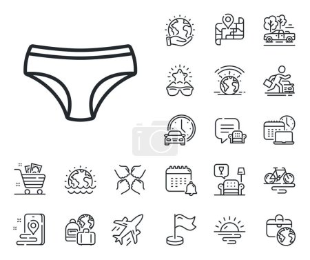 Illustration for Underwear pants sign. Plane jet, travel map and baggage claim outline icons. Panties line icon. Women undies lingerie symbol. Panties line sign. Car rental, taxi transport icon. Place location. Vector - Royalty Free Image