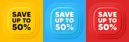 Illustration for Save up to 50 percent tag. Neumorphic offer banners. Discount Sale offer price sign. Special offer symbol. Discount podium background. Product infographics. Vector - Royalty Free Image