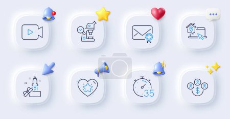 Illustration for Ranking star, Microscope and Buying currency line icons. Buttons with 3d bell, chat speech, cursor. Pack of Timer, Work home, Innovation icon. Verified mail, Video camera pictogram. Vector - Royalty Free Image