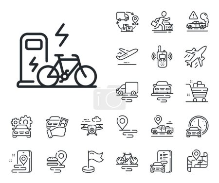 Illustration for Motorized bicycle transport sign. Plane, supply chain and place location outline icons. Electric bike line icon. Charge ebike symbol. Electric bike line sign. Taxi transport, rent a bike icon. Vector - Royalty Free Image
