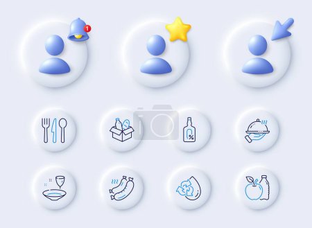 Illustration for Food, Grilled sausage and Plate line icons. Placeholder with 3d cursor, bell, star. Pack of Alcohol free, Apple, Food donation icon. Recycle water pictogram. For web app, printing. Vector - Royalty Free Image