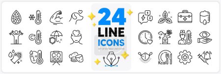 Illustration for Icons set of Washing hands, Potato and Fair trade line icons pack for app with Umbrella, Artificial colors, First aid thin outline icon. Pets care, Thermometer, Health eye pictogram. Vector - Royalty Free Image