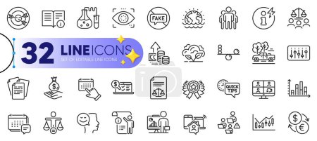 Illustration for Outline set of Good mood, Technical info and Balance line icons for web with Legal documents, Ethics, Dj controller thin icon. Message, Pickup, Event click pictogram icon. Eye detect. Vector - Royalty Free Image