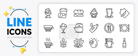 Ilustración de Teacup, Alimentos y Grill iconos de línea establecidos para la aplicación incluyen Café crema, Hamburguesa, Hoja delgada icono contorno. Té, Mocha, Pictograma de café para llevar. Tabla de cortar, Comida de restaurante, Sin gluten. Vector - Imagen libre de derechos