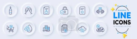 Illustration for Upload file, Security lock and Cloud sync line icons for web app. Pack of Dumbbell, Buildings, Currency exchange pictogram icons. Brandy bottle, Discounts cart, Recycle water signs. Vector - Royalty Free Image