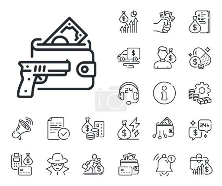 Illustration for Money fraud crime sign. Cash money, loan and mortgage outline icons. Armed robbery line icon. Thief with gun steal cash symbol. Armed robbery line sign. Credit card, crypto wallet icon. Vector - Royalty Free Image