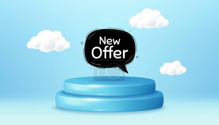 Illustration for New offer bubble banner. Winner podium 3d base. Product offer pedestal. Arrival black sticker. Offer label icon. New offer promotion message. Background with 3d clouds. Vector - Royalty Free Image