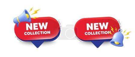 Illustration for New collection tag. Speech bubbles with 3d bell, megaphone. New fashion arrival sign. Advertising offer symbol. New collection chat speech message. Red offer talk box. Vector - Royalty Free Image