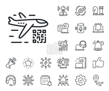 Illustration for Scan barcode sign. Place location, technology and smart speaker outline icons. Qr code line icon. Flight tickets scanner symbol. Qr code line sign. Influencer, brand ambassador icon. Vector - Royalty Free Image