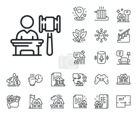 Illustration for Bid offer sign. Floor plan, stairs and lounge room outline icons. Auction line icon. Act hammer deal symbol. Auction line sign. House mortgage, sell building icon. Real estate. Vector - Royalty Free Image