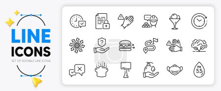 Illustration for Co2 gas, Medical mask and Wash hands line icons set for app include Ph neutral, Food delivery, Versatile outline thin icon. Table lamp, Use gloves, Ice cream pictogram icon. Build. Vector - Royalty Free Image