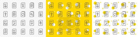 Illustration for Set of Report, Checklist and Copy icons. Document Management line icons. Download file, Remove and Attach clip symbols. Search, Edit management document and Corrupt report file. Checklist copy. Vector - Royalty Free Image