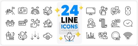 Illustration for Icons set of Online auction, Computer and Mountain bike line icons pack for app with Swipe up, Id card, Cloud computing thin outline icon. Repairman, Delivery man, Like pictogram. Vector - Royalty Free Image