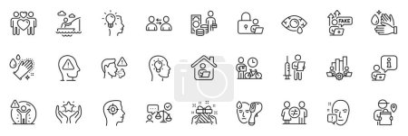 Illustration for Icons pack as Vaccination announcement, Wash hands and Gift line icons for app include Delivery man, Boat fishing, Conjunctivitis eye outline thin icon web set. Face attention, Lawyer. Vector - Royalty Free Image