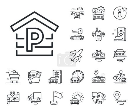 Illustration for Car park sign. Plane, supply chain and place location outline icons. Parking line icon. Transport place garage symbol. Parking line sign. Taxi transport, rent a bike icon. Travel map. Vector - Royalty Free Image