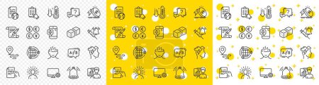 Illustration for Outline Medical phone, Dice and Vaccine announcement line icons pack for web with Ab testing, Energy price, Mindfulness stress line icon. Bell alert, Presentation board. Vector - Royalty Free Image