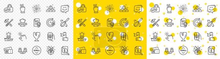 Illustration for Outline Victory hand, Fragile package and Best chef line icons pack for web with Smile chat, Certificate, Creativity line icon. Ecology app, Fireworks explosion, Hammer tool pictogram icon. Vector - Royalty Free Image