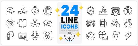 Illustration for Icons set of Trophy, Face detection and Ranking line icons pack for app with Shield, Potato, Gift card thin outline icon. Heartbeat, Donation money, Seo target pictogram. Baggage app. Vector - Royalty Free Image
