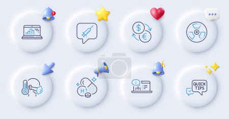 Illustration for Online documentation, Sick man and Graph laptop line icons. Buttons with 3d bell, chat speech, cursor. Pack of Quick tips, Vitamin h1, Currency exchange icon. Vector - Royalty Free Image