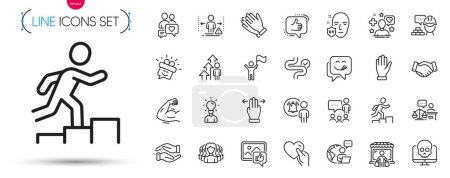 Illustration for Pack of Helping hand, Dating chat and User notification line icons. Include Cyber attack, Like, Leader run pictogram icons. Leadership, Patient, Multitasking gesture signs. Vector - Royalty Free Image
