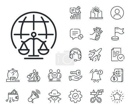 Illustration for Justice scales sign. Salaryman, gender equality and alert bell outline icons. Magistrates court line icon. Internet law symbol. Magistrates court line sign. Spy or profile placeholder icon. Vector - Royalty Free Image