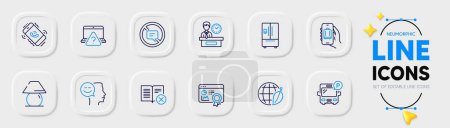 Illustration for Bus parking, Presentation time and Call center line icons for web app. Pack of Reject book, Baggage app, Seo certificate pictogram icons. Online question, Refrigerator, Table lamp signs. Vector - Royalty Free Image