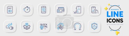 Illustration for Scroll down, Quick tips and Wallet line icons for web app. Pack of Timer, Omega, Video file pictogram icons. Work home, Message, Voicemail signs. Attention, Qr code, Electricity plug. Vector - Royalty Free Image