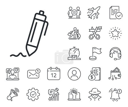 Illustration for Written pen sign. Salaryman, gender equality and alert bell outline icons. Signature line icon. Education symbol. Signature line sign. Spy or profile placeholder icon. Online support, strike. Vector - Royalty Free Image