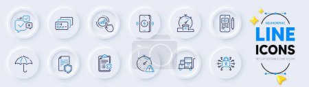 Illustration for Online voting, Attention and Data security line icons for web app. Pack of Graph chart, Timer, Umbrella pictogram icons. Security lock, Card, Inventory cart signs. Phone code. Vector - Royalty Free Image