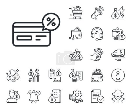 Illustration for Banking Payment card with Discount sign. Cash money, loan and mortgage outline icons. Credit card line icon. Cashback service symbol. Cashback line sign. Credit card, crypto wallet icon. Vector - Royalty Free Image